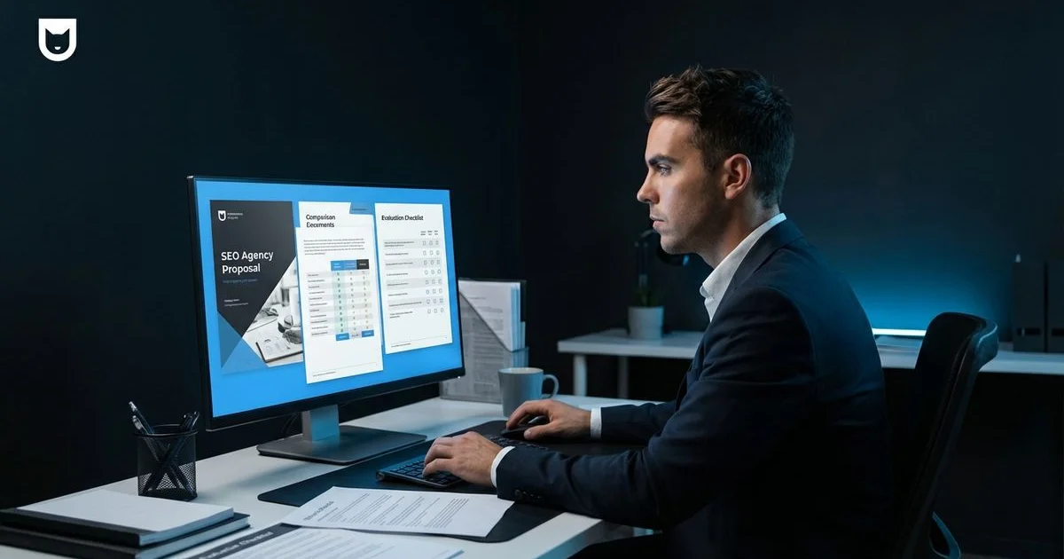 Business owner evaluating SEO agency proposals with essential questions checklist