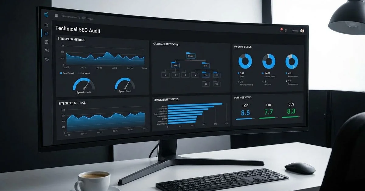 Technical SEO checklist covering speed, crawlability, indexing, and structured data