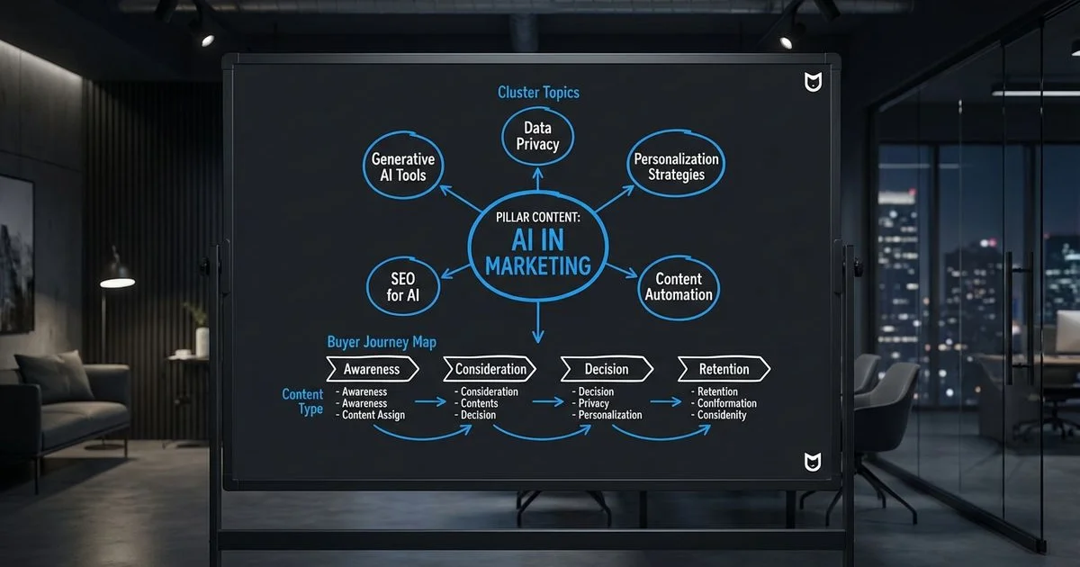 Content strategy framework with pillar-cluster model and buyer journey mapping