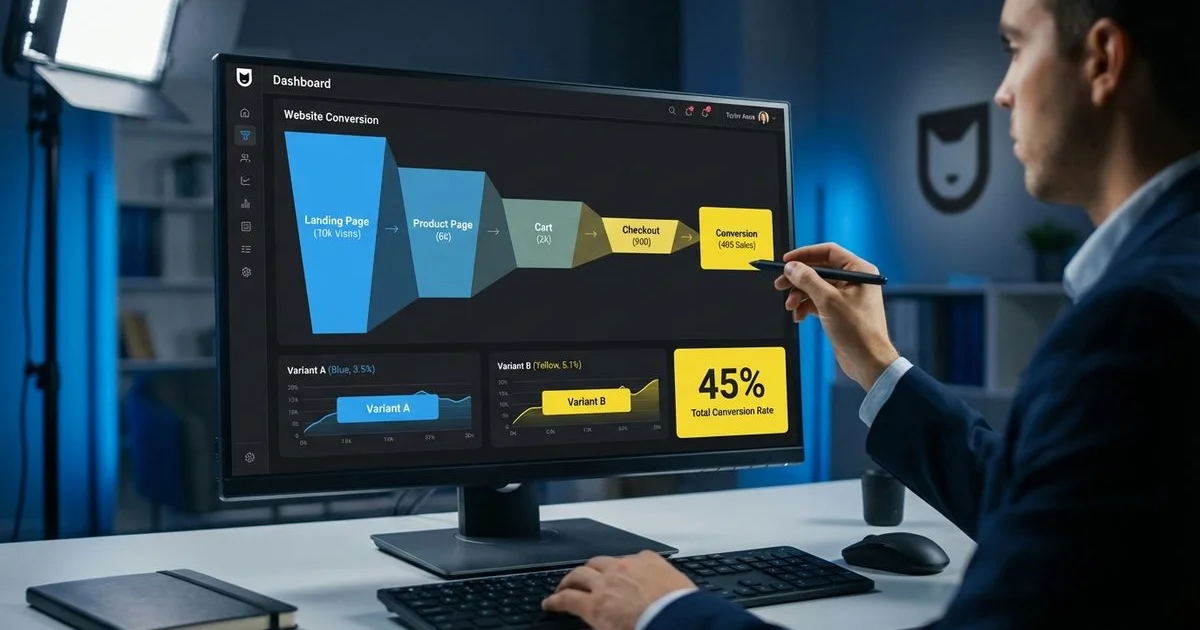 Conversion rate optimization showing website funnel, CTA design, and user flow