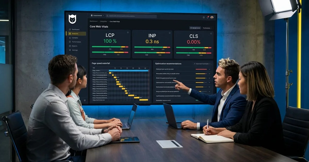 Core Web Vitals showing LCP, INP, and CLS metrics with optimization techniques