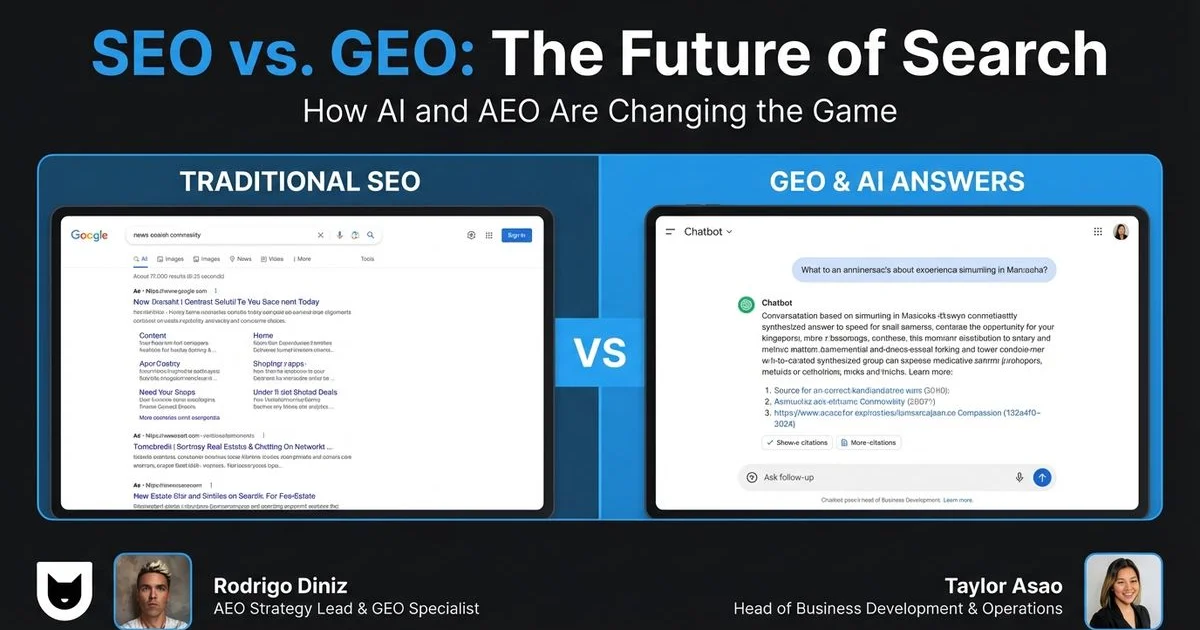 GEO vs SEO comparison showing traditional search results and AI-generated answers