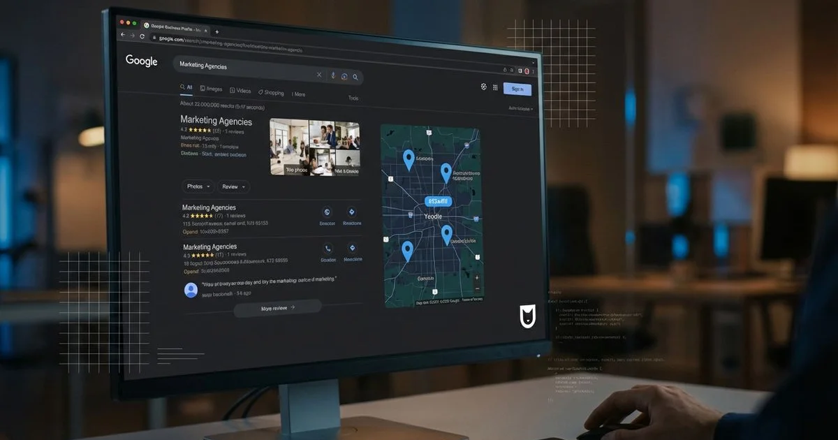 Google Business Profile optimization showing local 3-pack results with reviews and photos