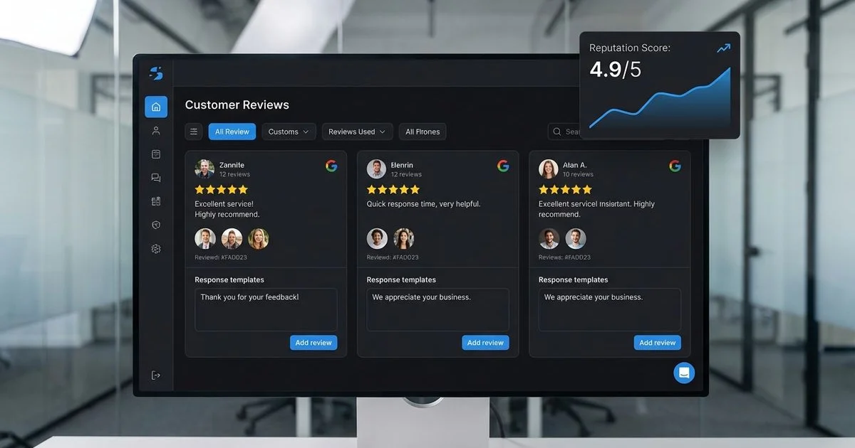 Online review strategy showing 5-star Google reviews and customer feedback management