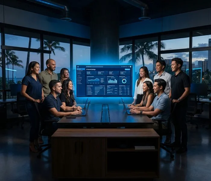 Nekko Digital team collaborating on AI search strategy in Honolulu office